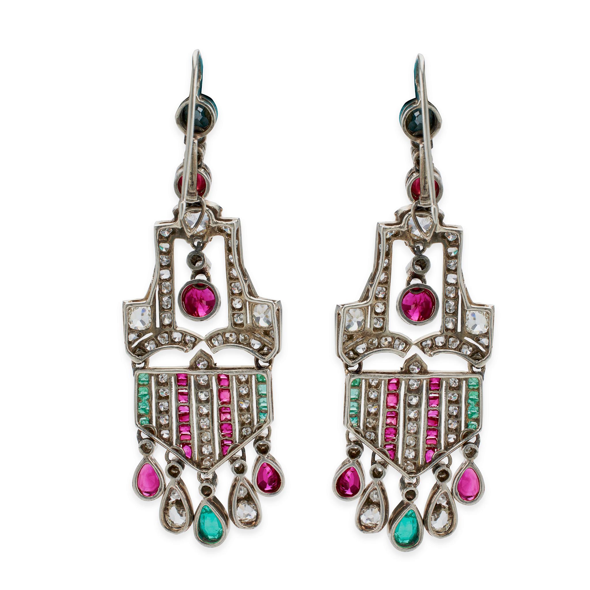 Art Deco Diamond Ruby and Emerald Pendant Earrings