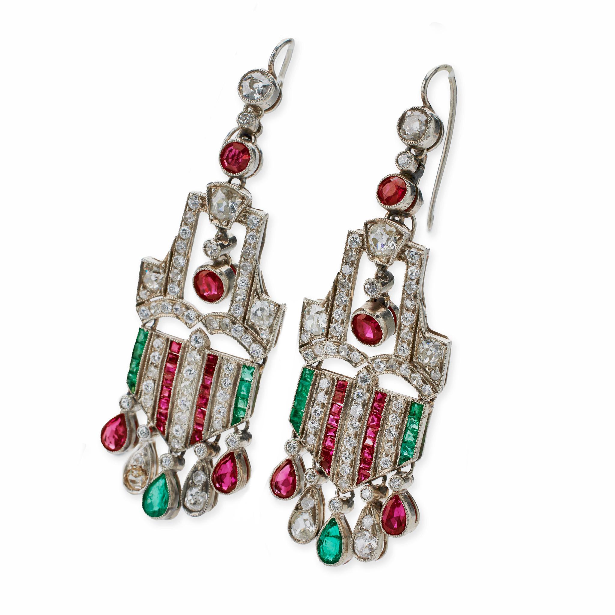 Old Mine Cut Diamond Ruby and Emerald Pendant Earrings