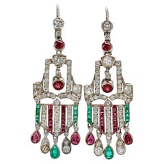 Antique Diamond Ruby and Emerald Pendant Earrings