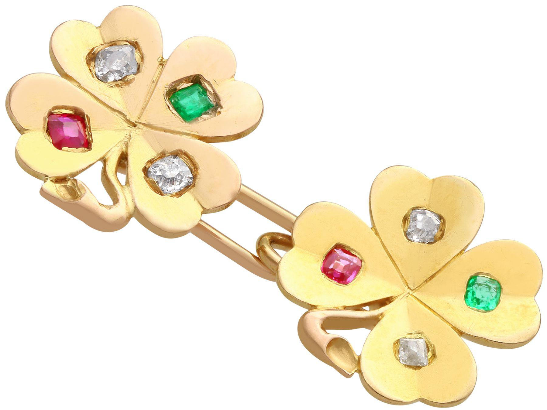 Round Cut Diamond Ruby and Emerald Yellow Gold Clover Cufflinks For Sale