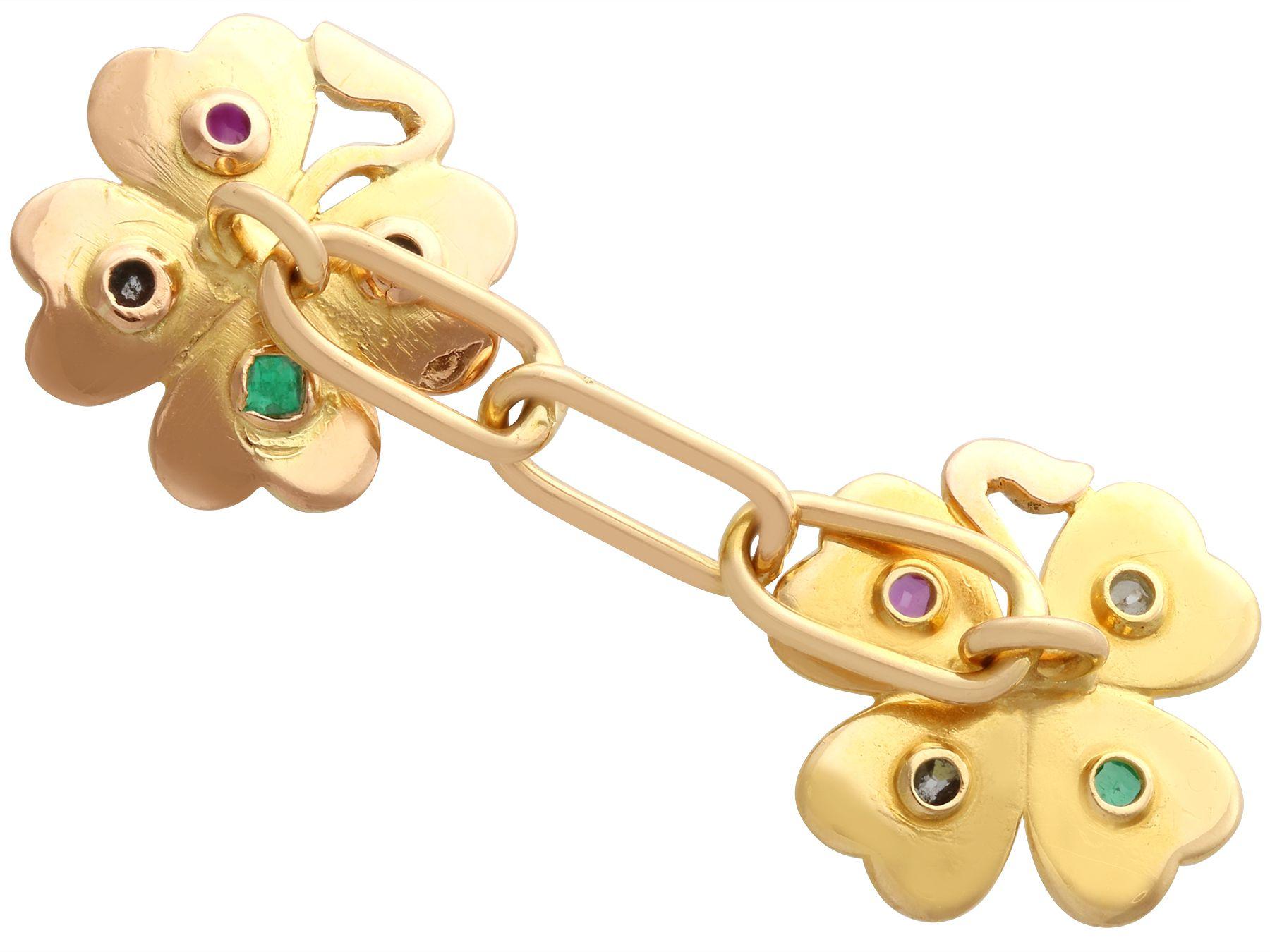 Women's or Men's Diamond Ruby and Emerald Yellow Gold Clover Cufflinks For Sale