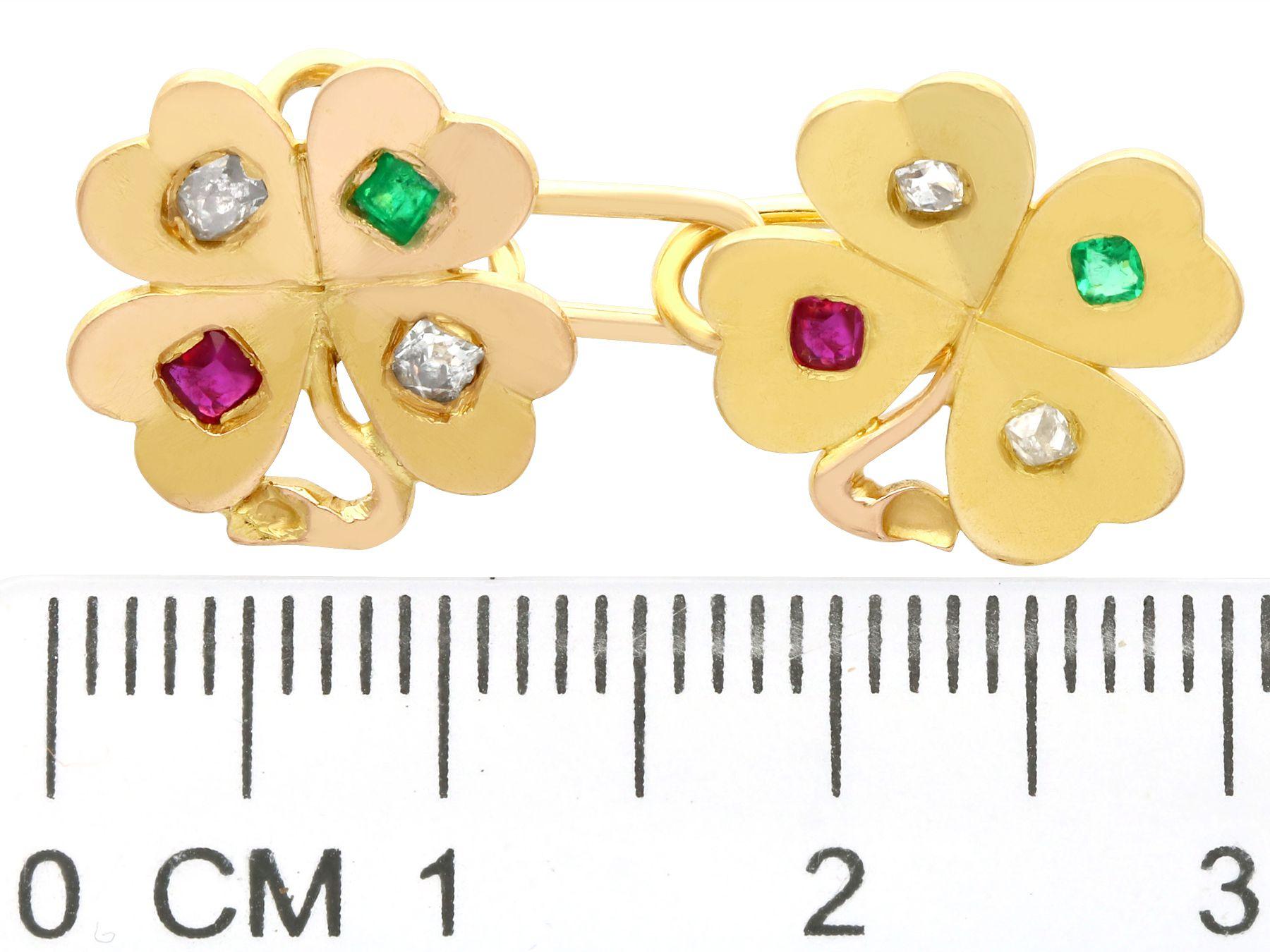 Diamond Ruby and Emerald Yellow Gold Clover Cufflinks For Sale 1