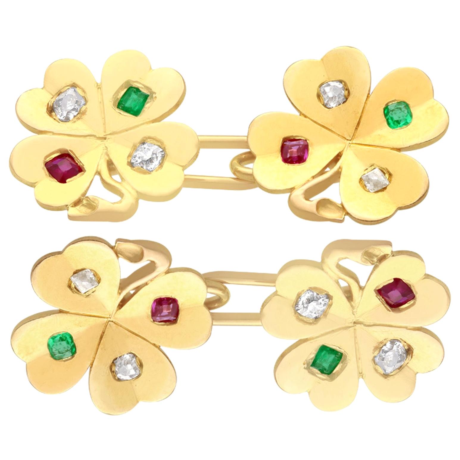 Diamond Ruby and Emerald Yellow Gold Clover Cufflinks