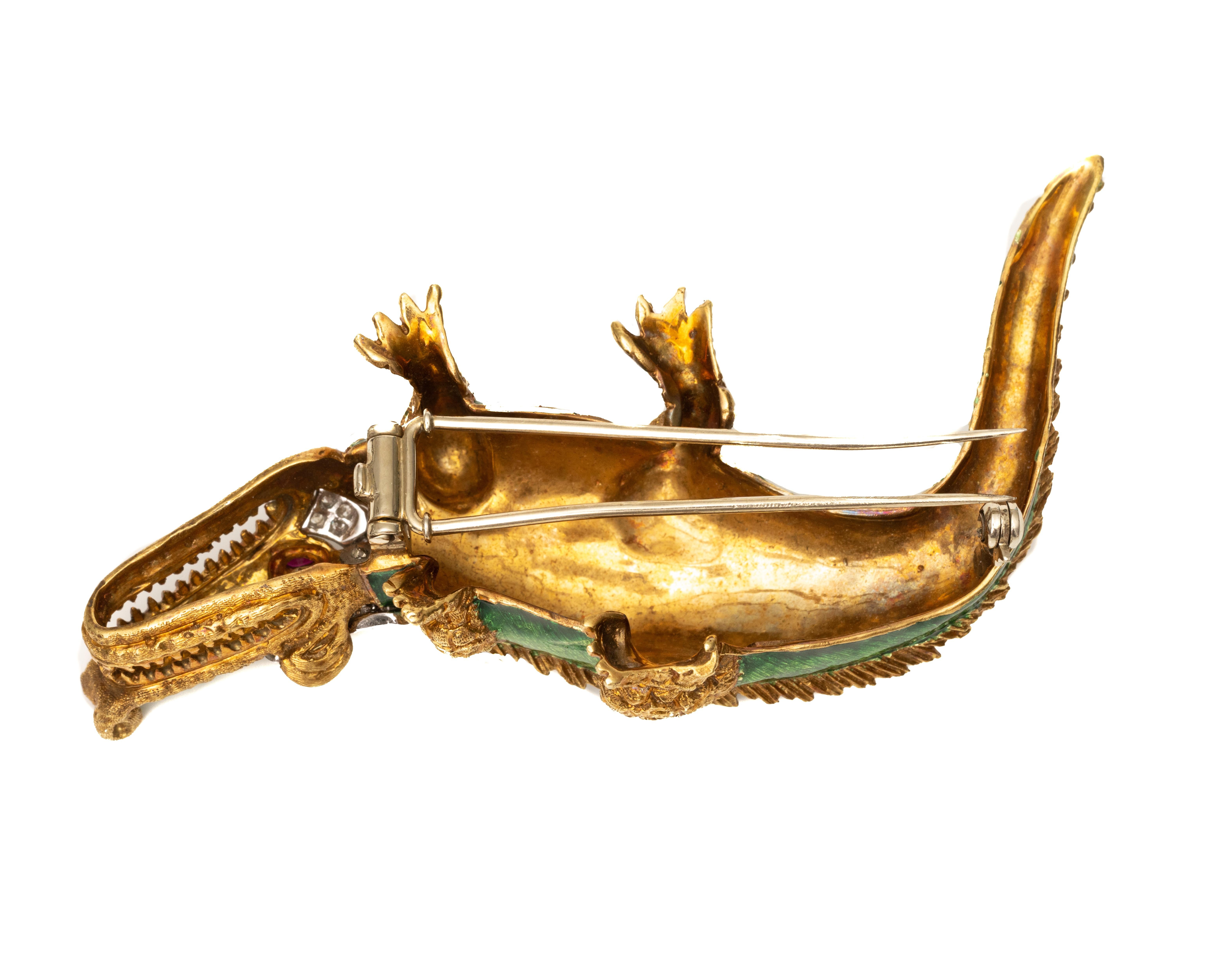 Retro Diamond, Ruby and Enamel Alligator Pin Brooch, 18 Karat Gold