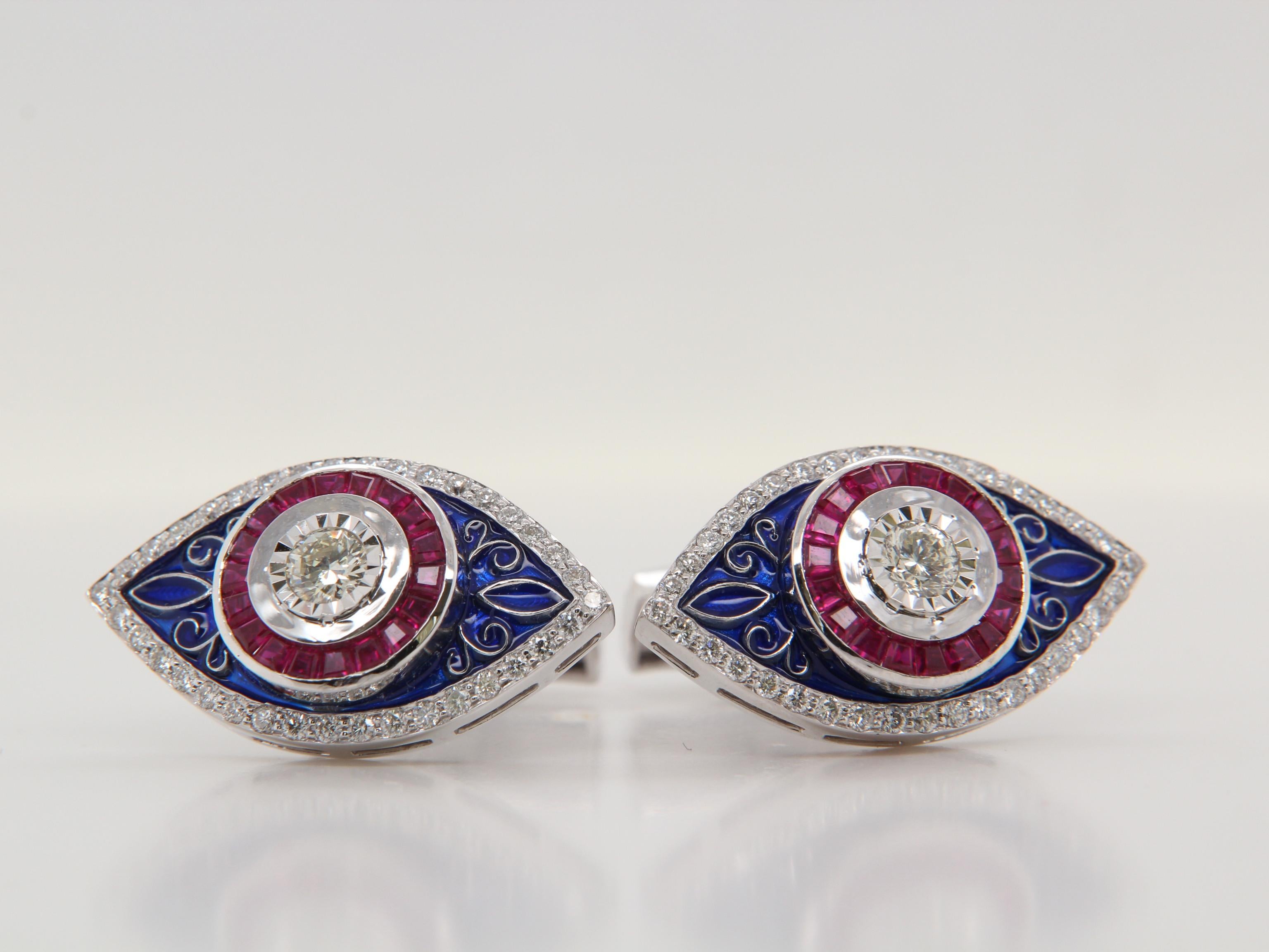 An important cufflink carefully crafted using diamond, ruby and enamel. These classy cufflinks will have you looking stylish, professional and confident, showcasing the versatility of the cufflinks.
These cufflinks were made in 18 Karat gold in