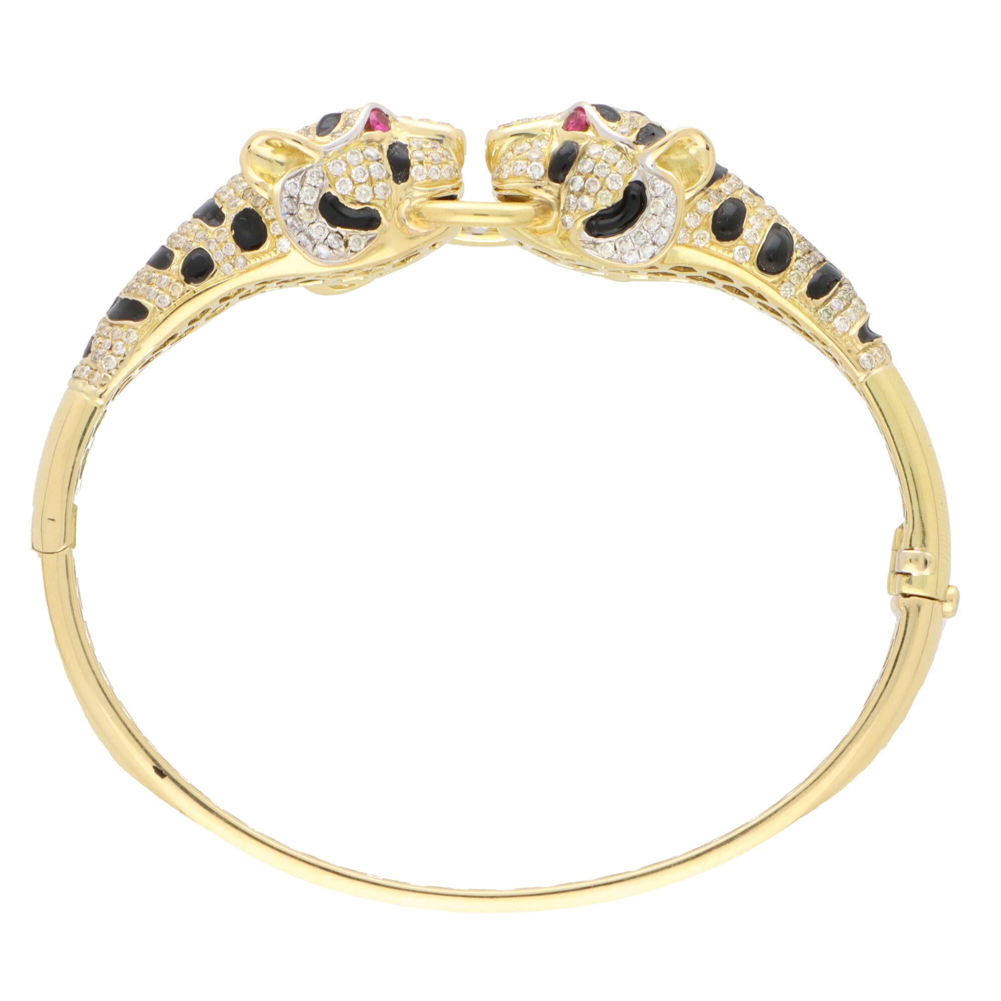 Modern Diamond, Ruby and Enamel Double Headed Tiger Hinged Bangle in 18k Yellow Gold