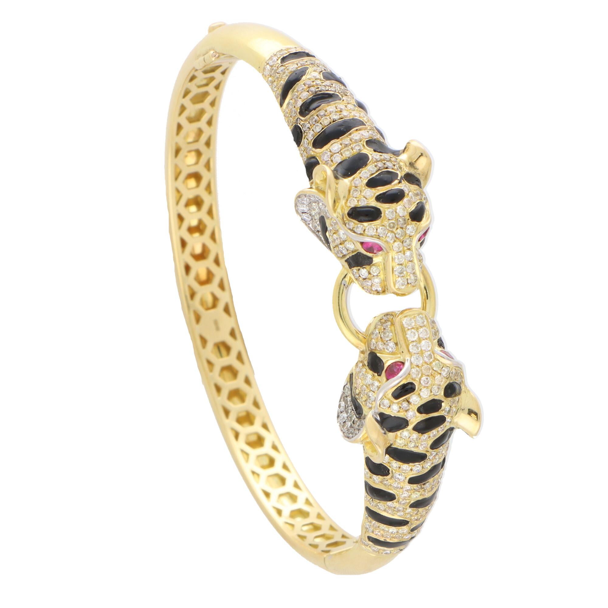 Round Cut Diamond, Ruby and Enamel Double Headed Tiger Hinged Bangle in 18k Yellow Gold