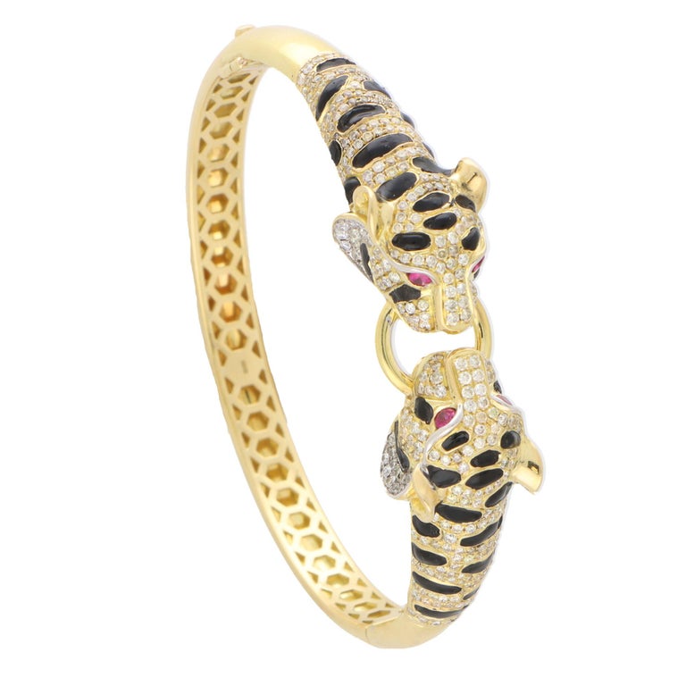 Diamond, Ruby and Enamel Double Headed Tiger Hinged Bangle in 18k Yellow  Gold For Sale at 1stDibs