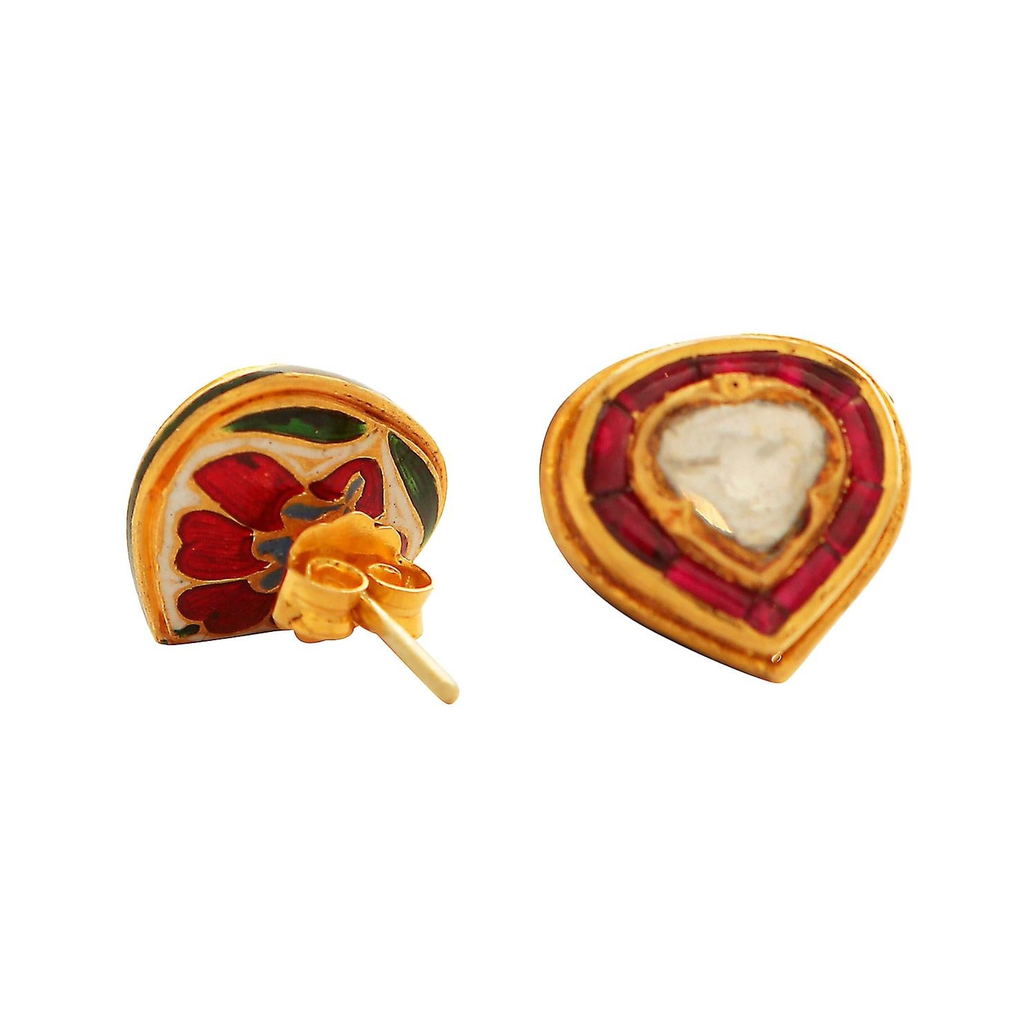 Diamond, Ruby and Enamel Stud Earrings For Sale