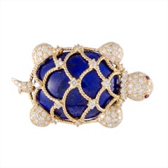 Diamond Ruby and Lapis Lazuli Yellow Gold Turtle Brooch/Pendant