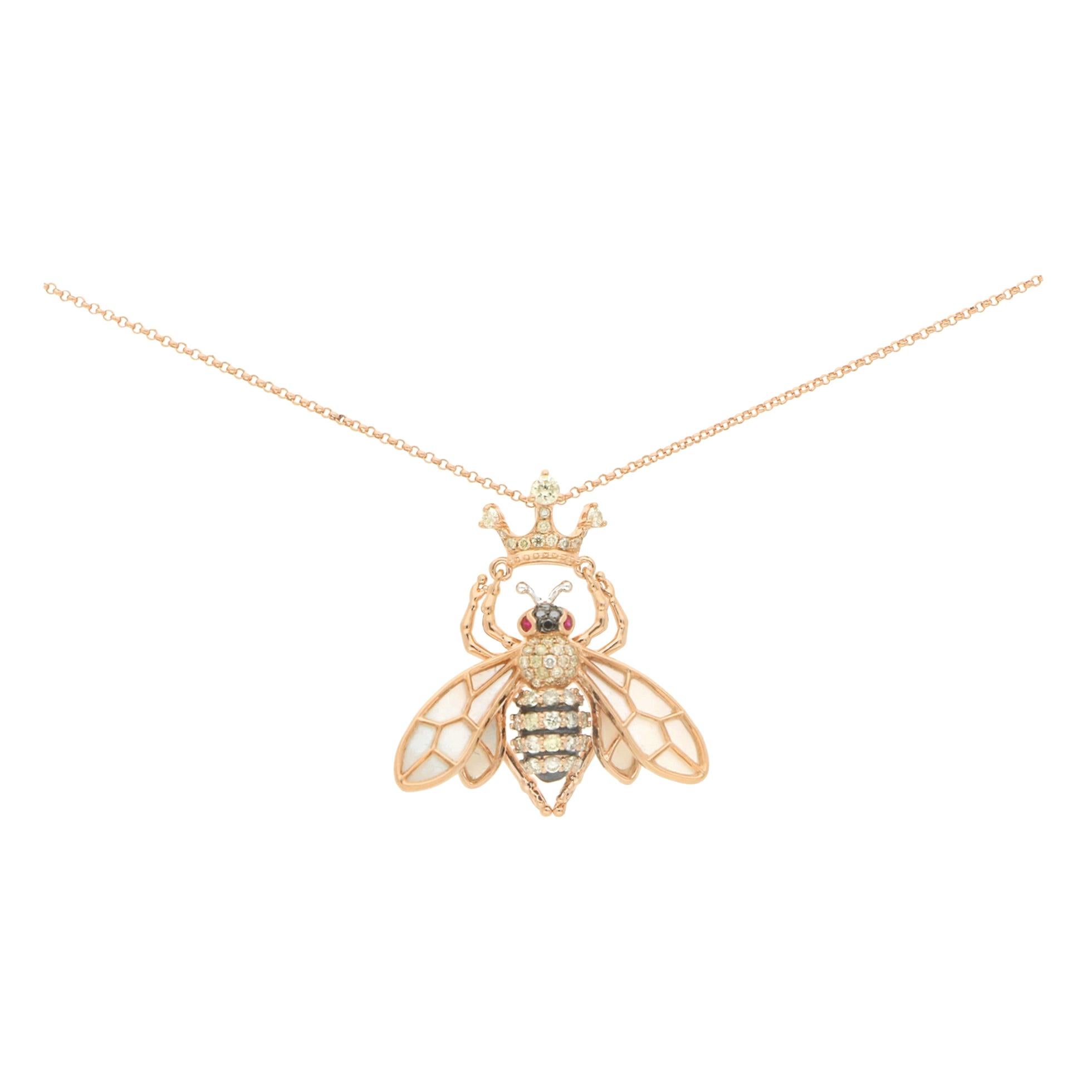 Diamond, Ruby and Mother of Pearl Queen Bee Necklace in 18 Karat Rose Gold
