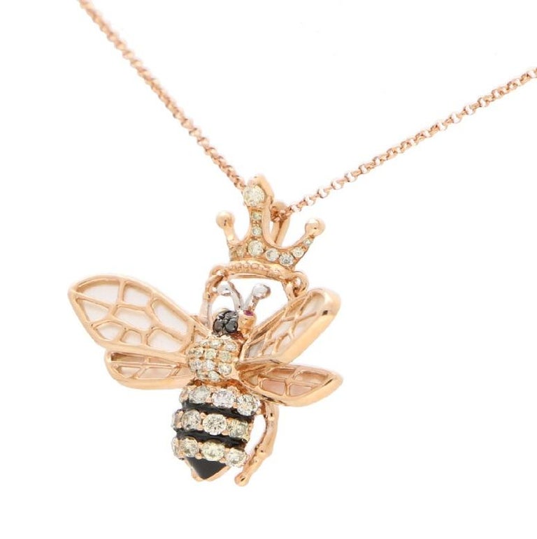 Diamond, Ruby and Mother of Pearl Queen Bee Necklace in 18k Rose Gold ...