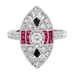 Diamond Ruby and Onyx Art Deco Style Marquise Shape Ring in 14K White Gold