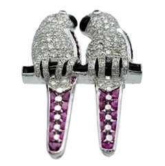 Diamond, Ruby and Onyx Perched Lovebirds Brooch in 18 Karat White Gold