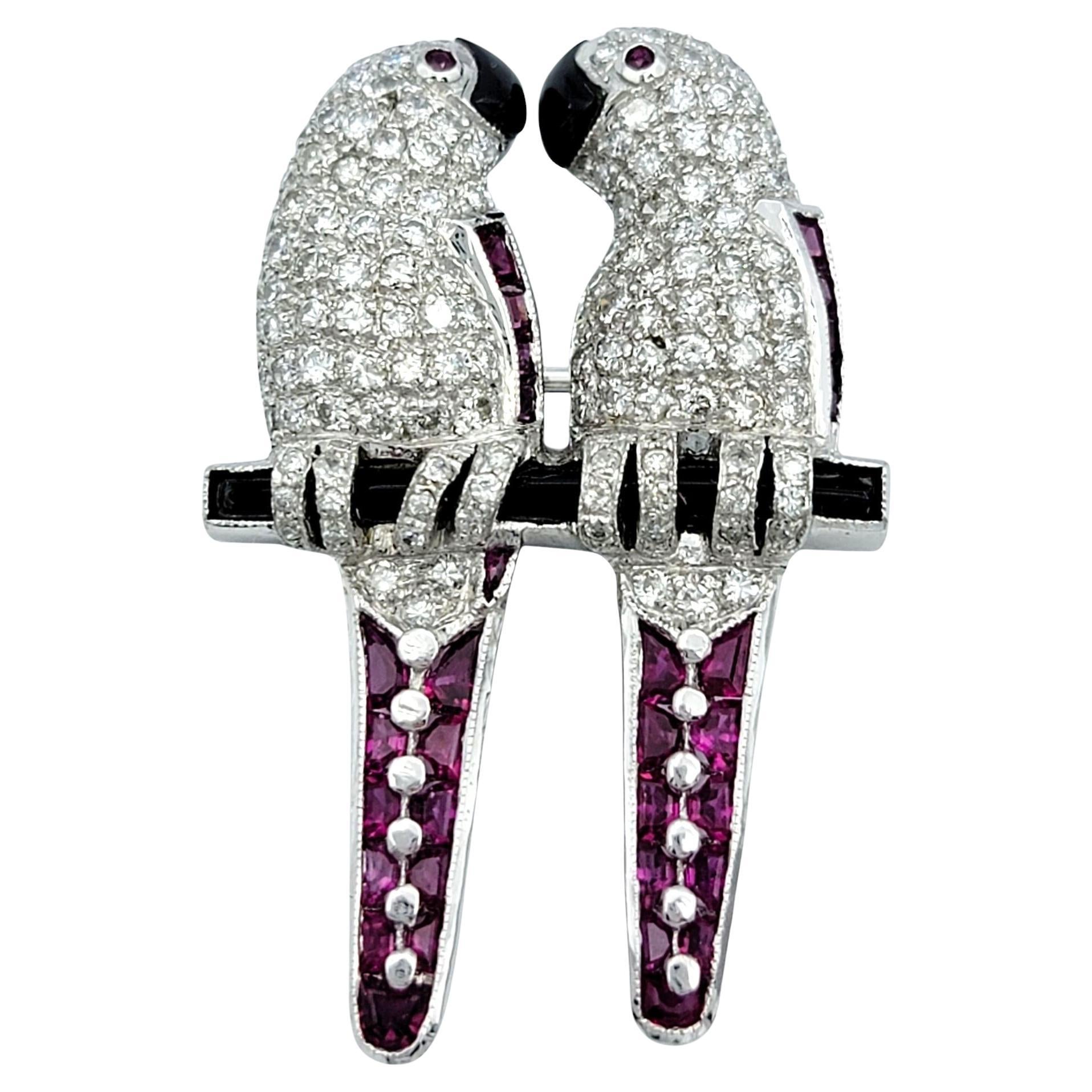 Diamond, Ruby and Onyx Perched Lovebirds Brooch in 18 Karat White Gold