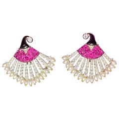 Diamond Ruby and Pearl Egyptian Revival Earrings