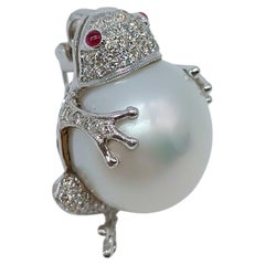 Diamond, Ruby and Pearl Frog Brooch in 18K White Gold, 2009
