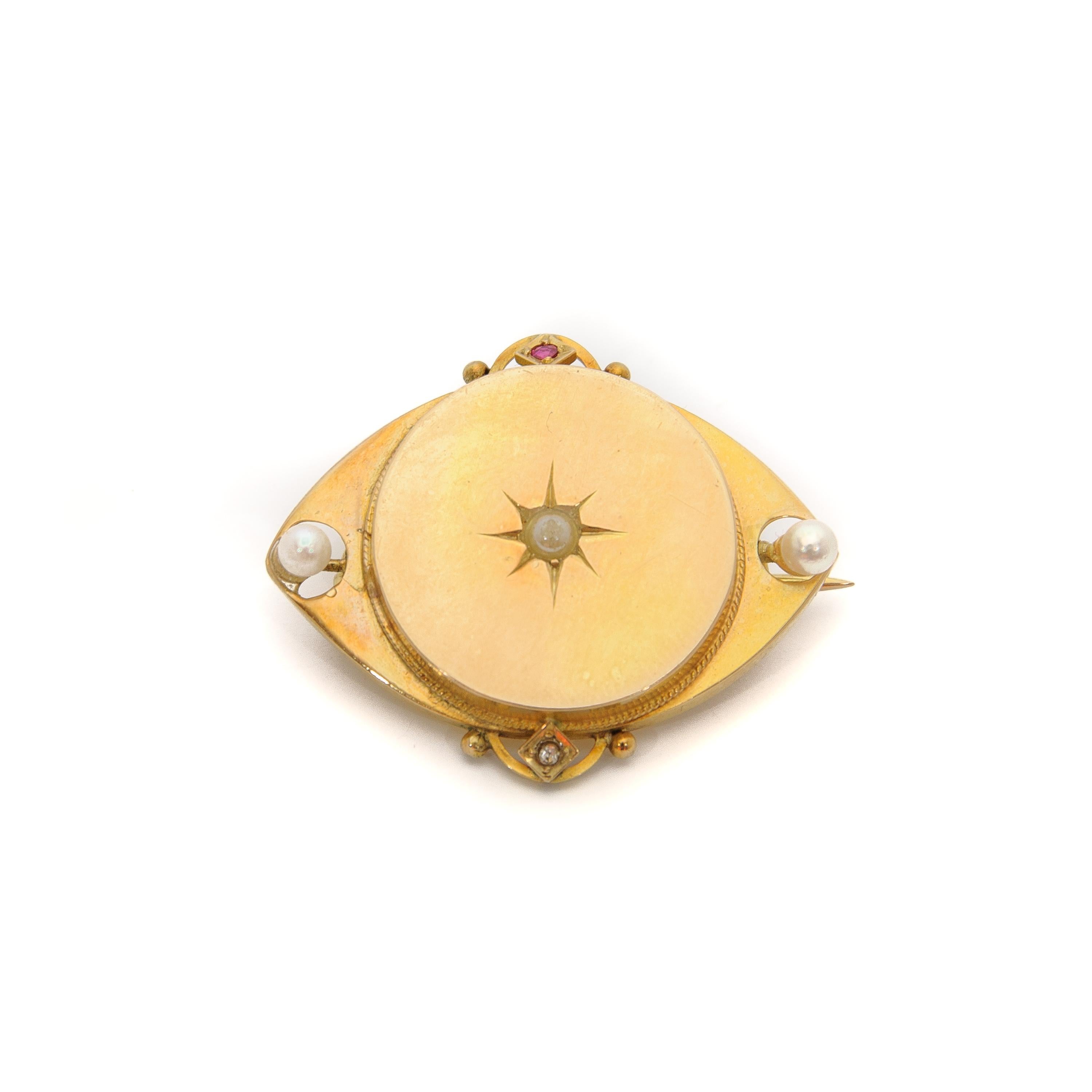 Women's Diamond Ruby and Pearls 14 Karat Yellow Gold Brooch
