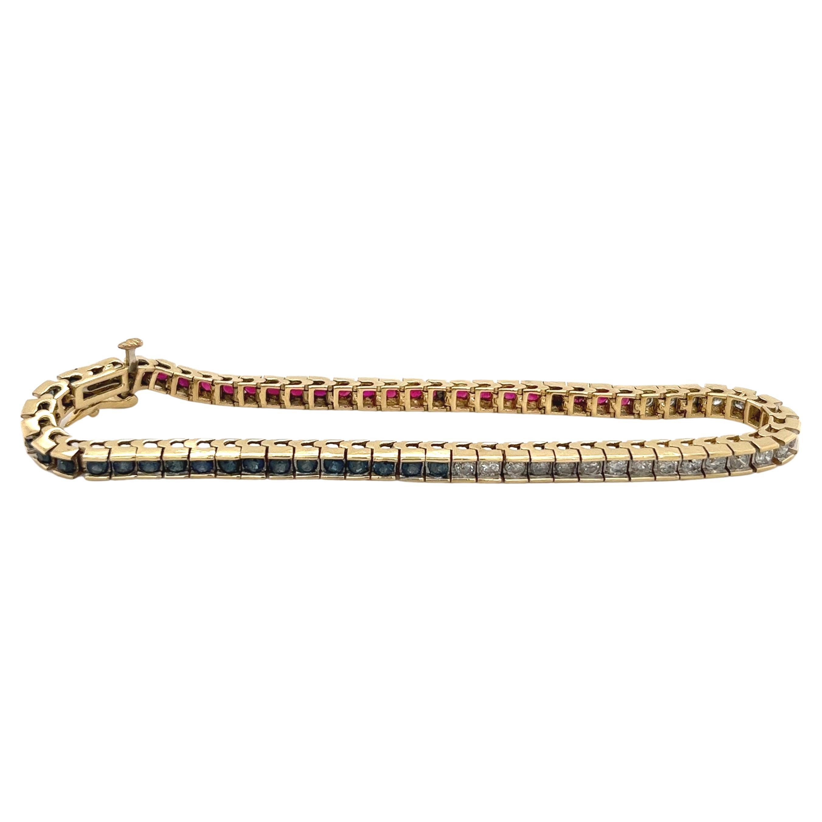 Bracelet tennis en diamants, rubis et saphirs, pierres précieuses rouges, blanches et bleues en vente