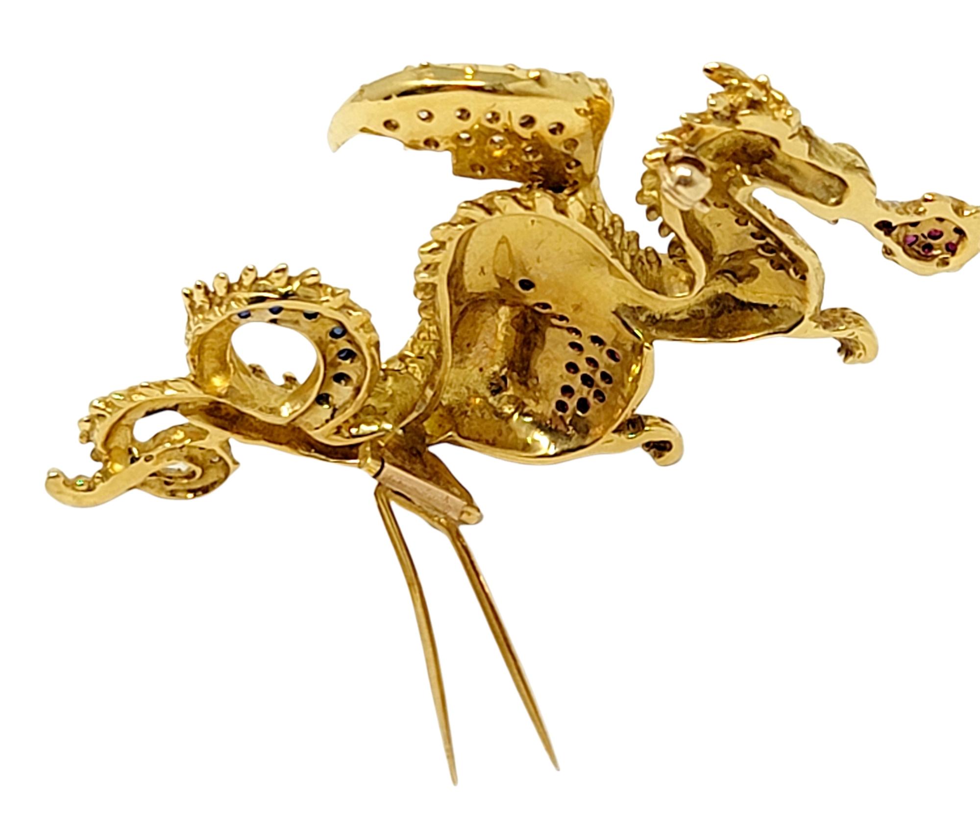 Diamond, Ruby and Sapphire Dragon Brooch 18 Karat Yellow Gold .93 Carats Total  For Sale 3