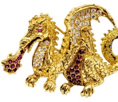 Diamond, Ruby and Sapphire Fire Breathing Dragon Brooch in 18 Karat Yellow Gold