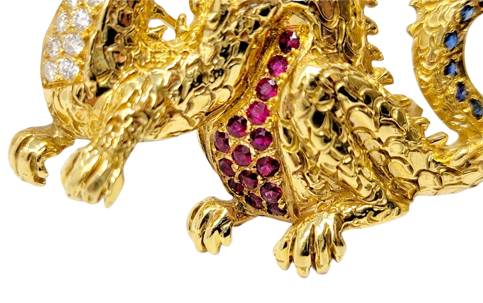 Contemporary Diamond, Ruby and Sapphire Dragon Brooch 18 Karat Yellow Gold .93 Carats Total  For Sale