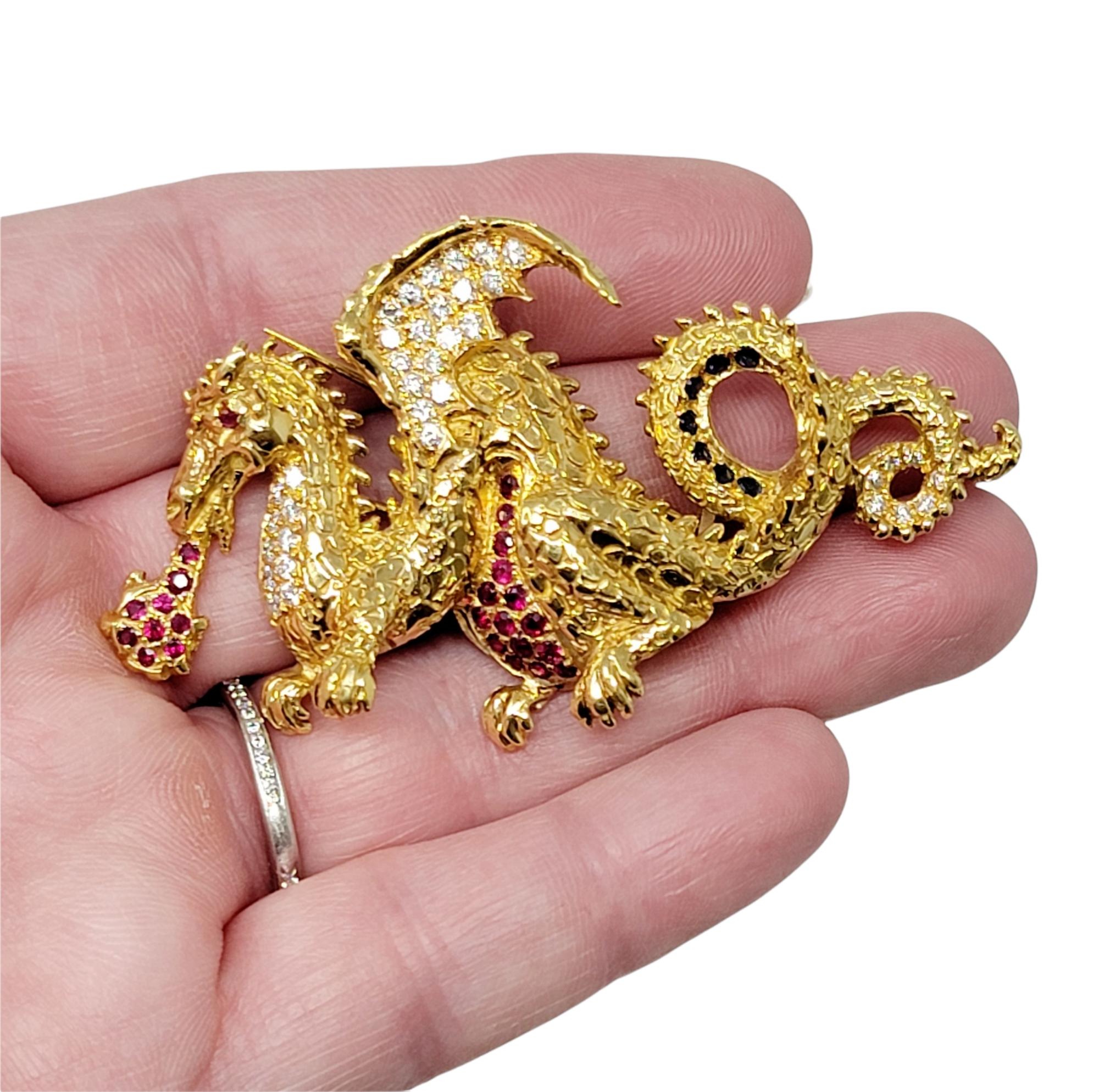 Diamond, Ruby and Sapphire Dragon Brooch 18 Karat Yellow Gold .93 Carats Total  In Good Condition For Sale In Scottsdale, AZ