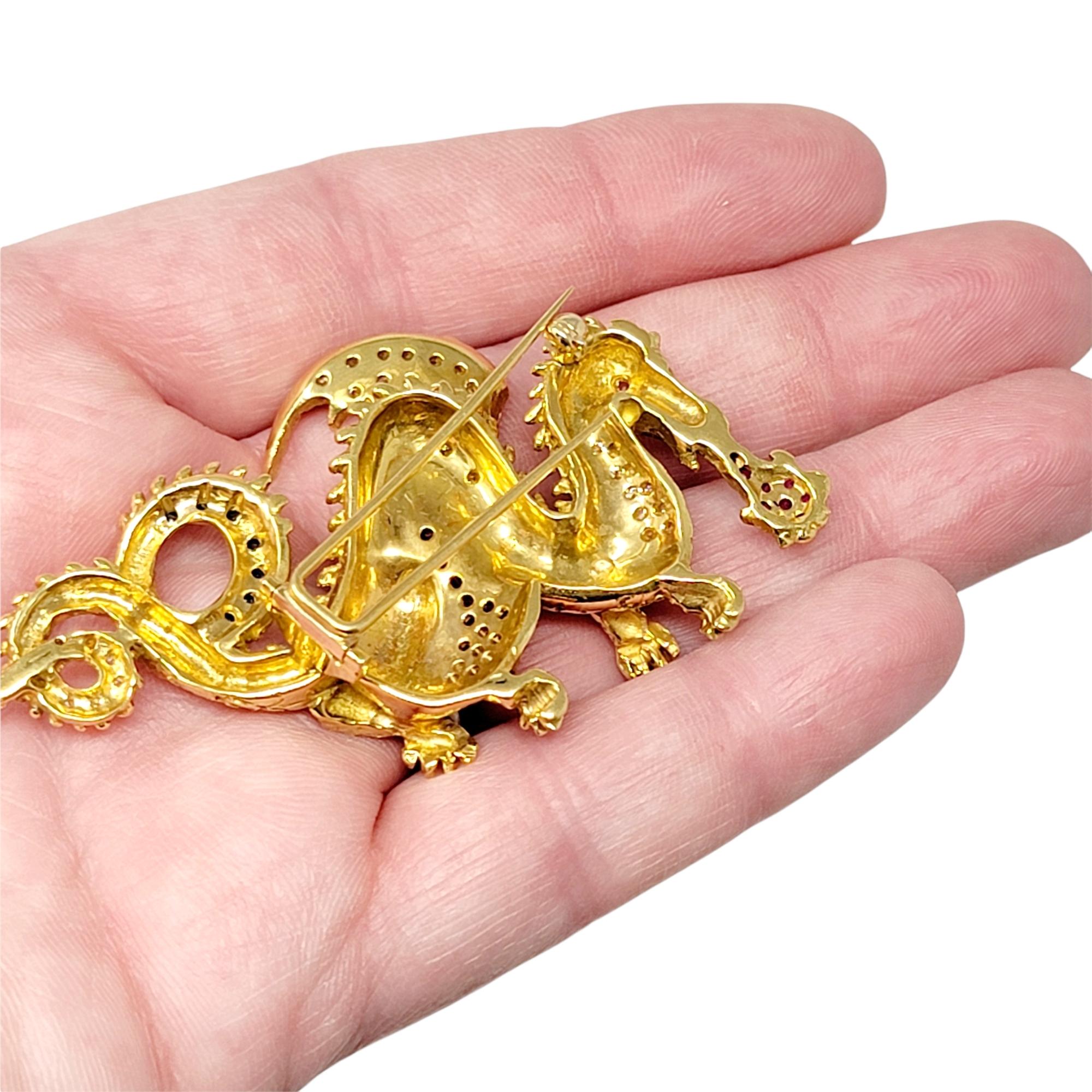 Women's or Men's Diamond, Ruby and Sapphire Dragon Brooch 18 Karat Yellow Gold .93 Carats Total  For Sale
