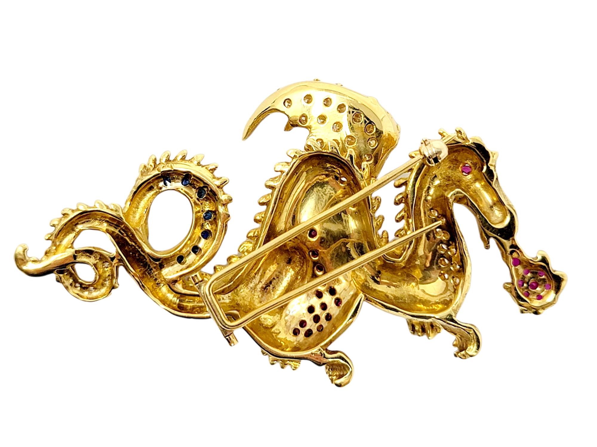 Diamond, Ruby and Sapphire Dragon Brooch 18 Karat Yellow Gold .93 Carats Total  For Sale 1