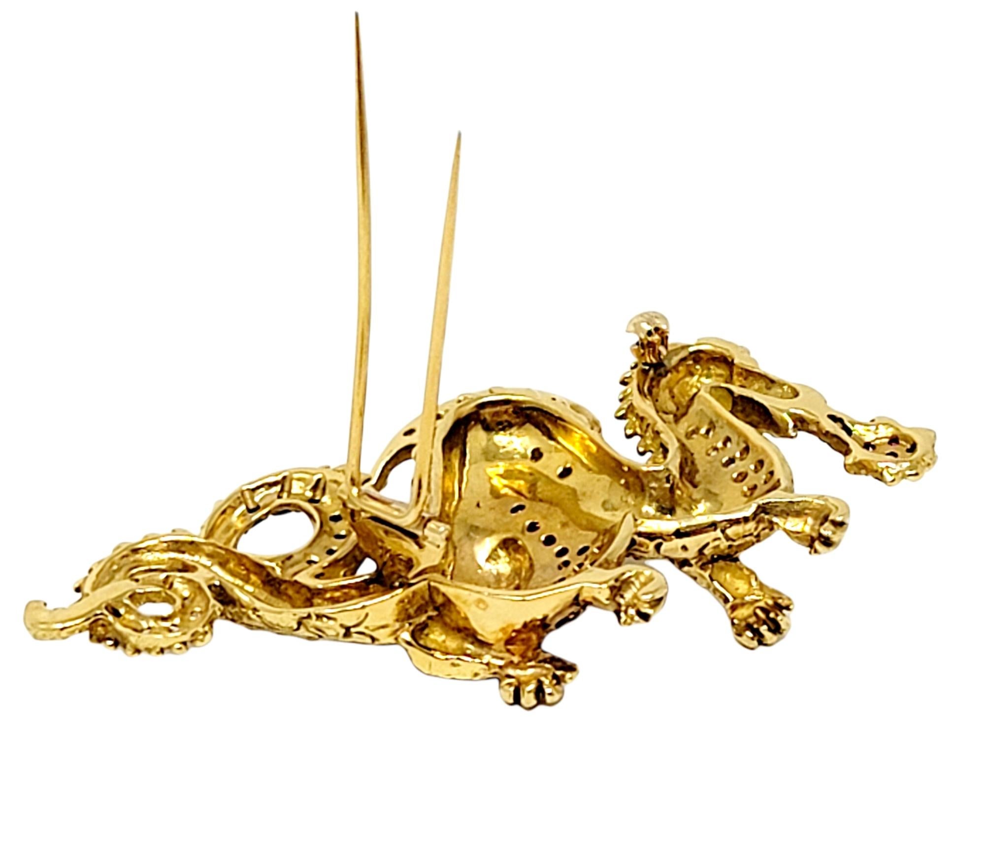 Diamond, Ruby and Sapphire Dragon Brooch 18 Karat Yellow Gold .93 Carats Total  For Sale 2