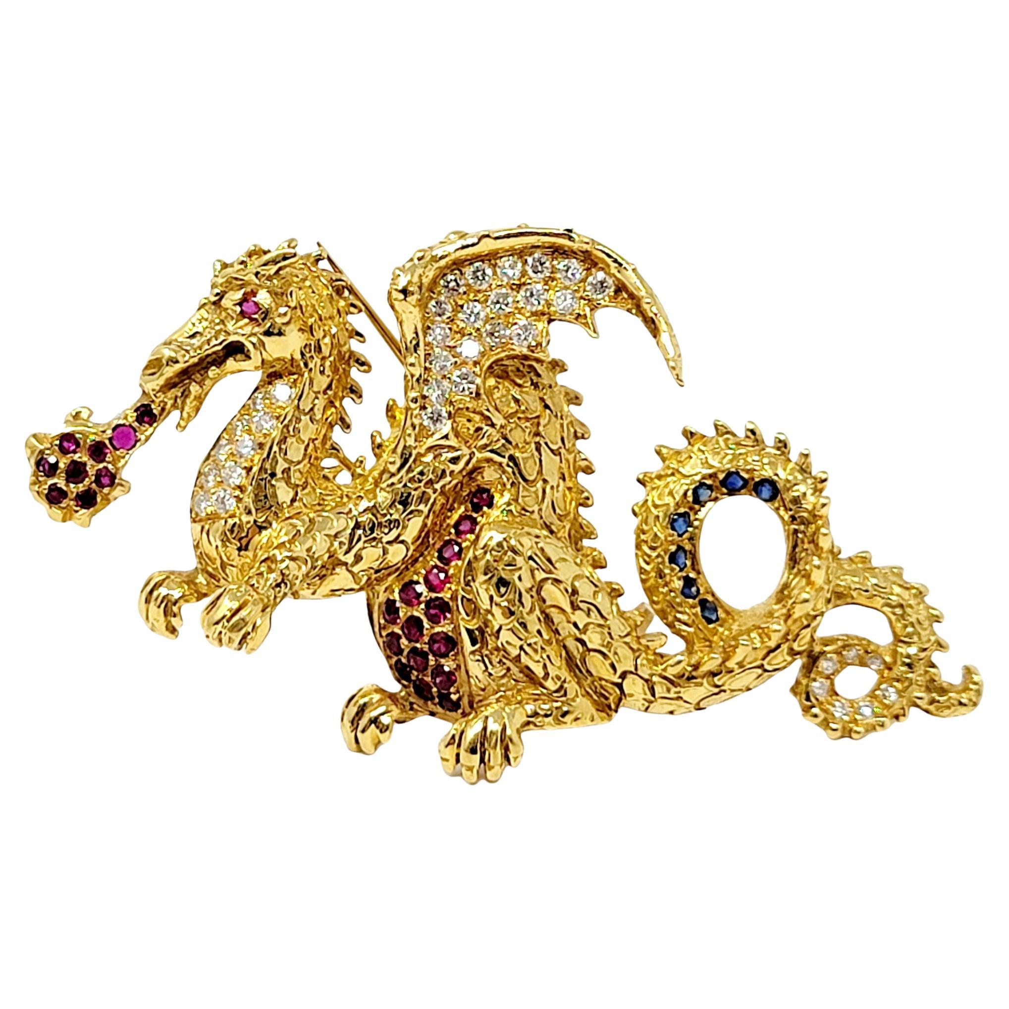 Diamond, Ruby and Sapphire Dragon Brooch 18 Karat Yellow Gold .93 Carats Total  For Sale