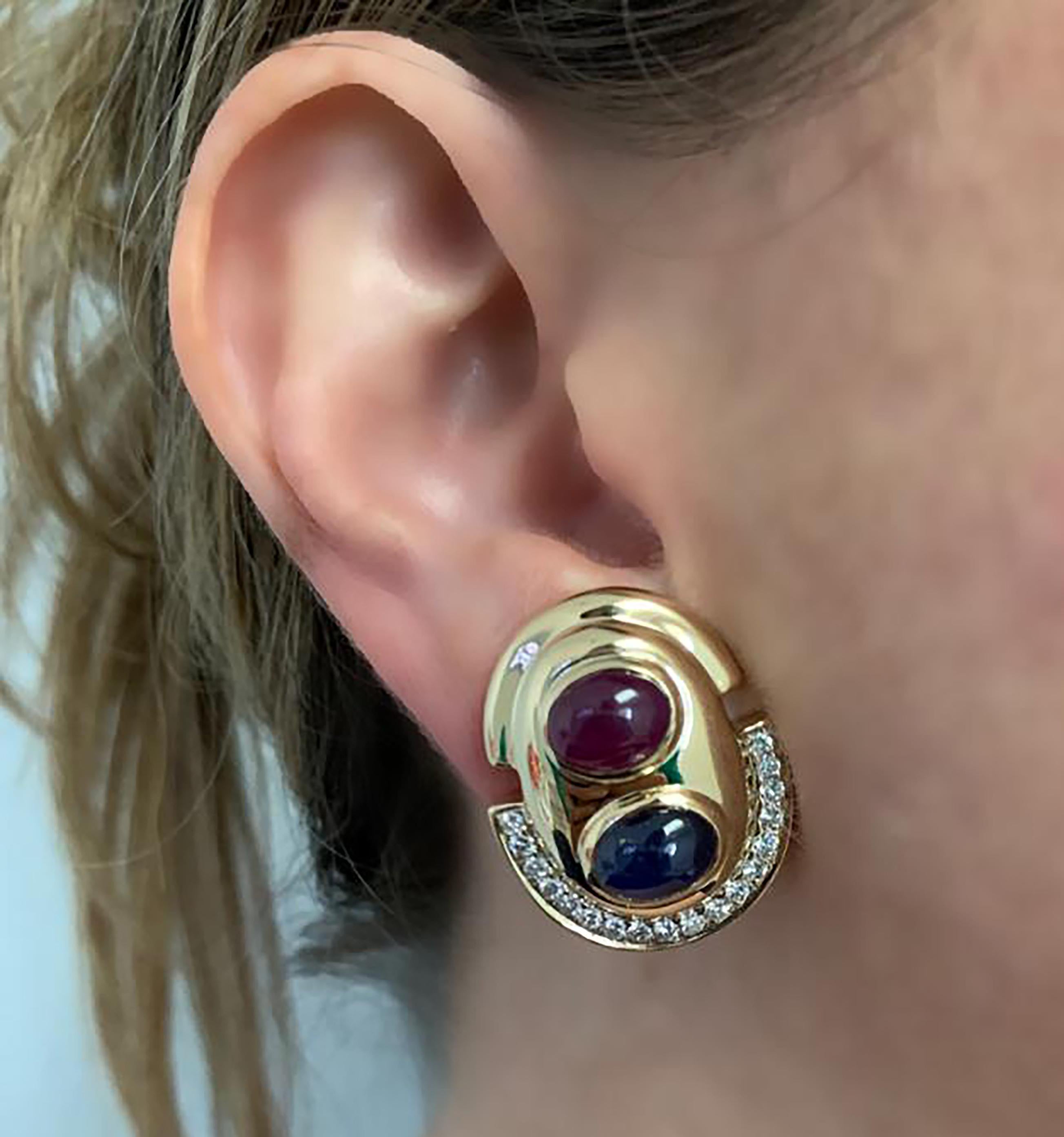 Modern Diamond, Ruby and Sapphire Earrings
