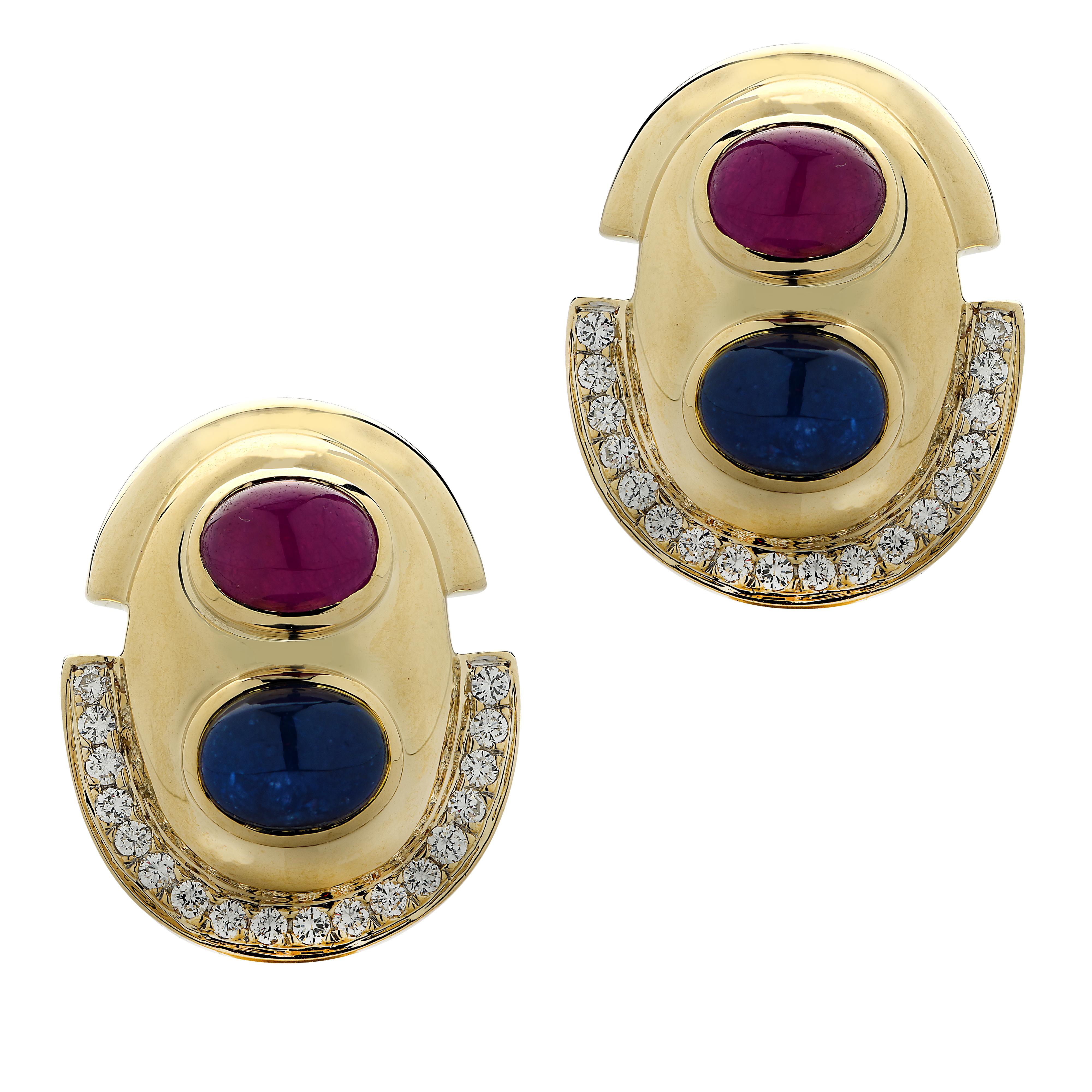 Cabochon Diamond, Ruby and Sapphire Earrings