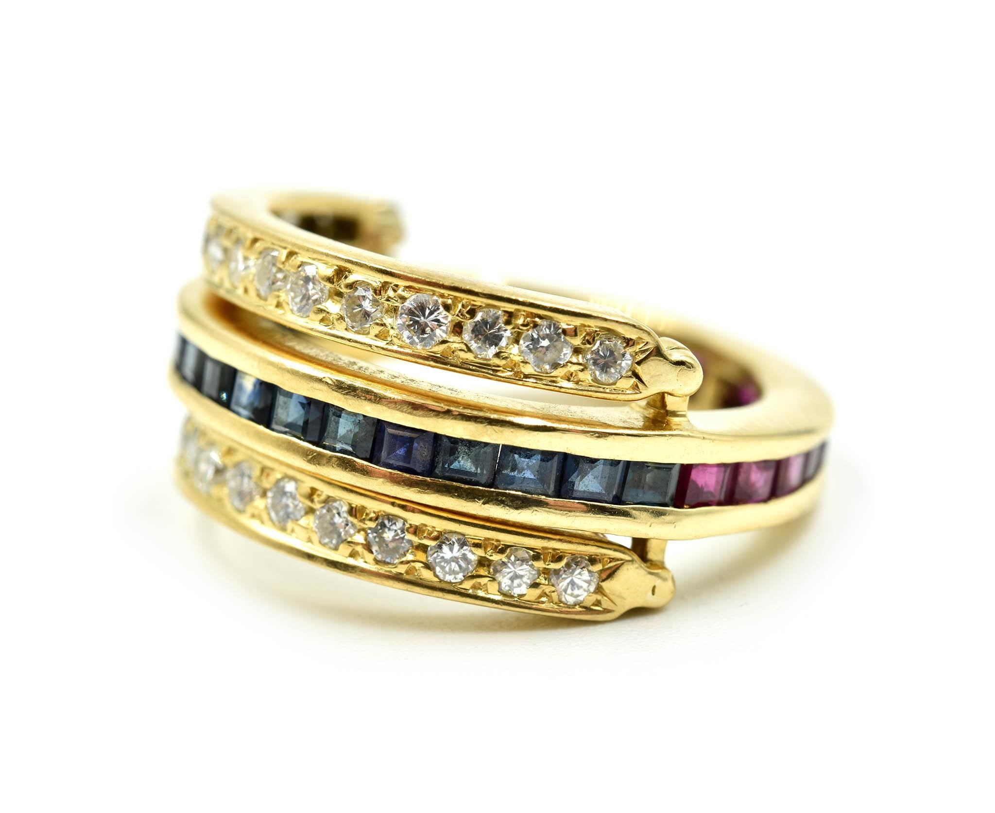 Modern Diamond, Ruby and Sapphire Flip Ring 18 Karat Yellow Gold