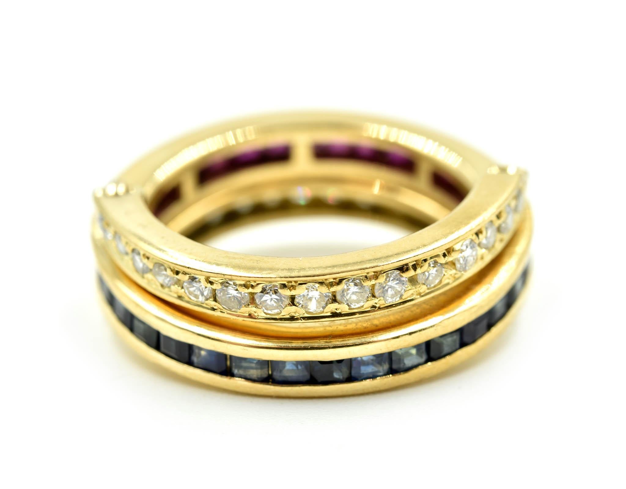 Diamond, Ruby and Sapphire Flip Ring 18 Karat Yellow Gold In New Condition In Scottsdale, AZ