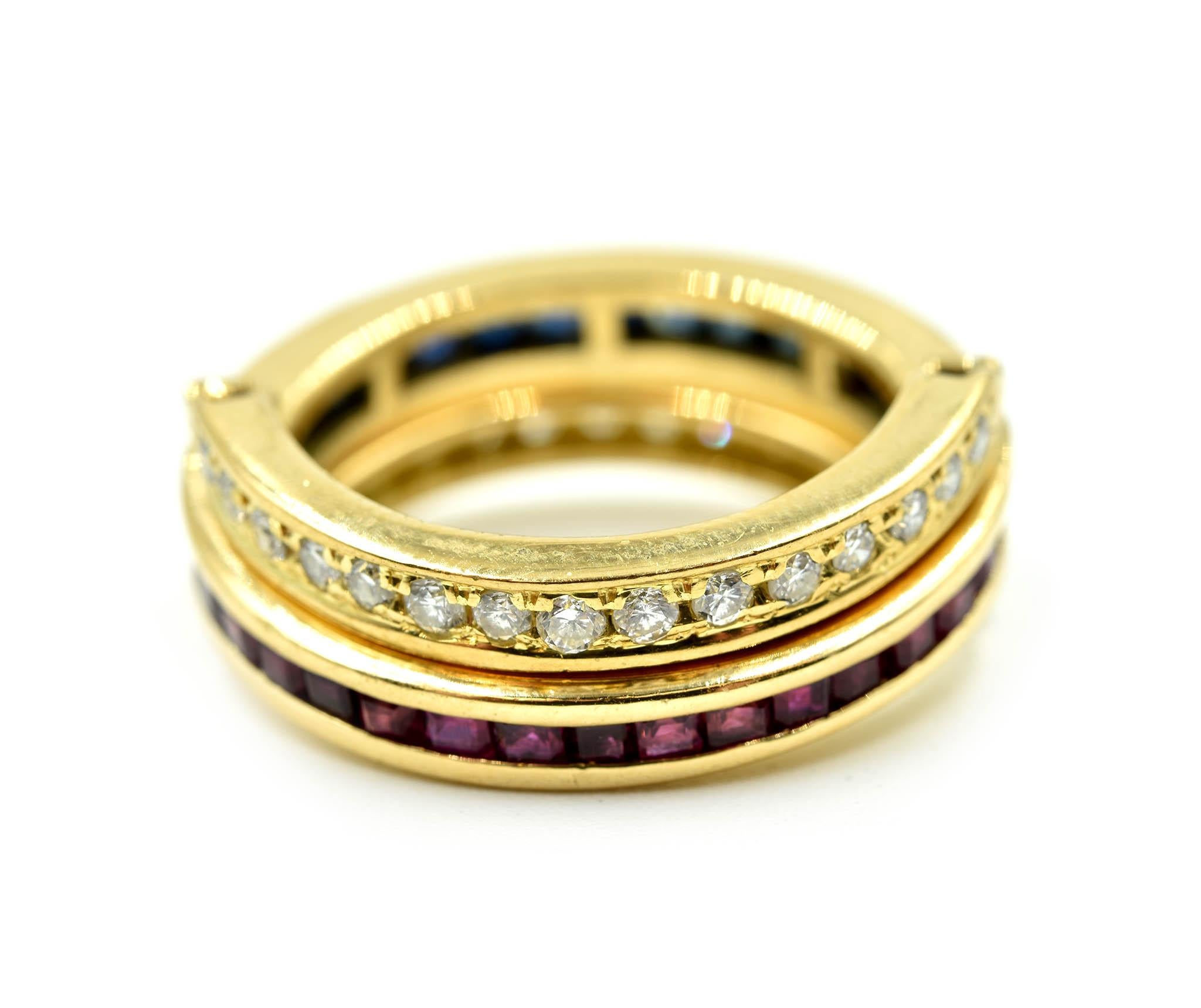 Women's or Men's Diamond, Ruby and Sapphire Flip Ring 18 Karat Yellow Gold