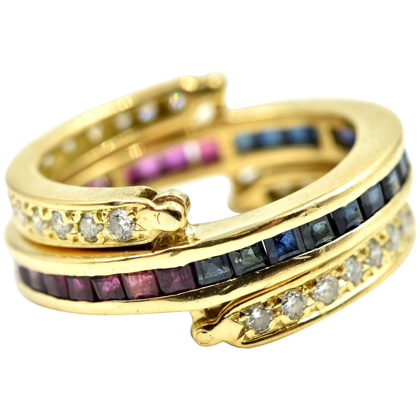 Diamond, Ruby and Sapphire Flip Ring 18 Karat Yellow Gold