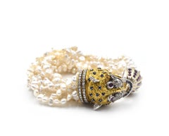 Diamond, Ruby and Sapphire “Fudog” Pearl 18 Karat Yellow Gold Bracelet