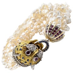 Diamond, Ruby and Sapphire “Fudog” Pearl 18 Karat Yellow Gold Bracelet