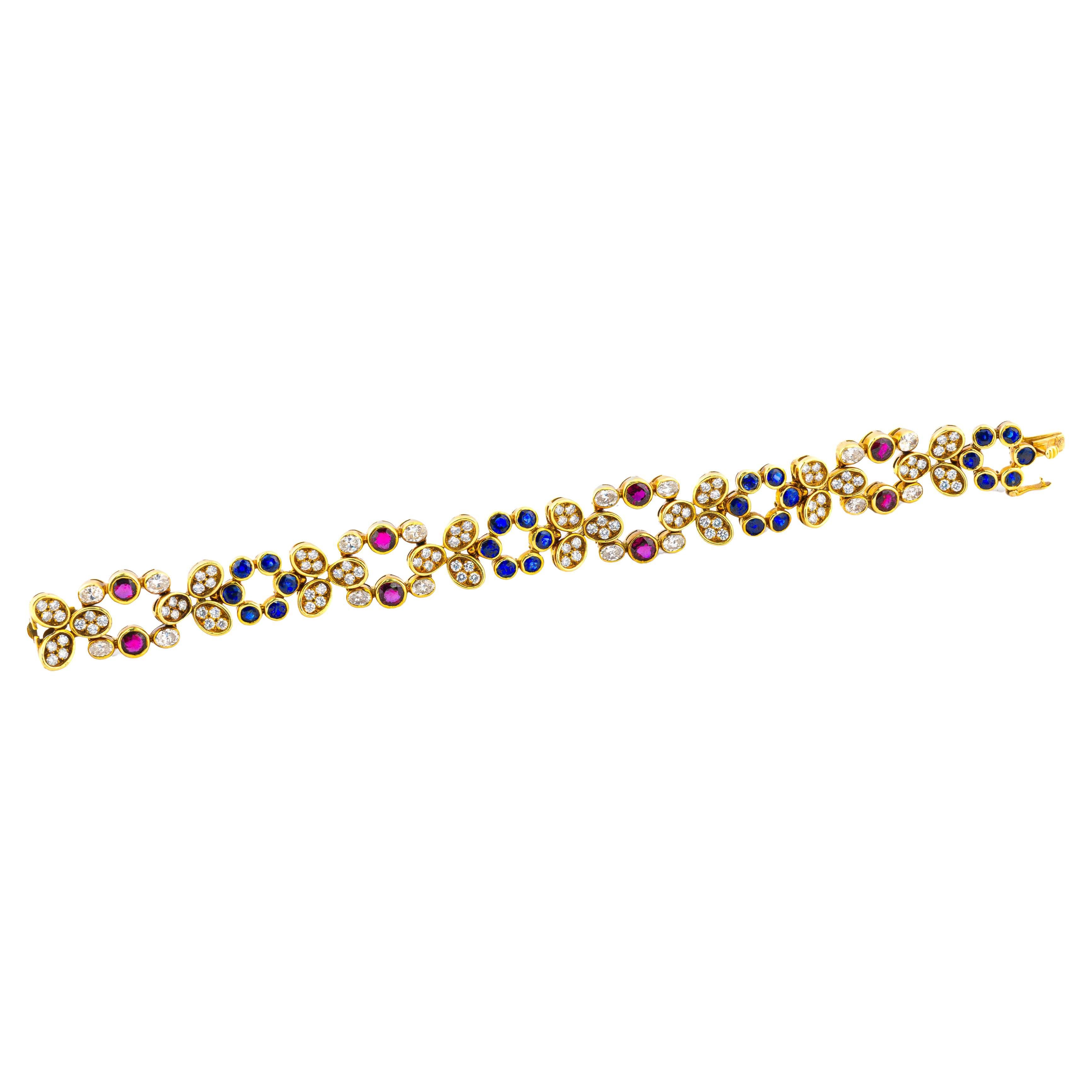 Pulsera Floral de Oro con Diamantes, Rubíes y Zafiros