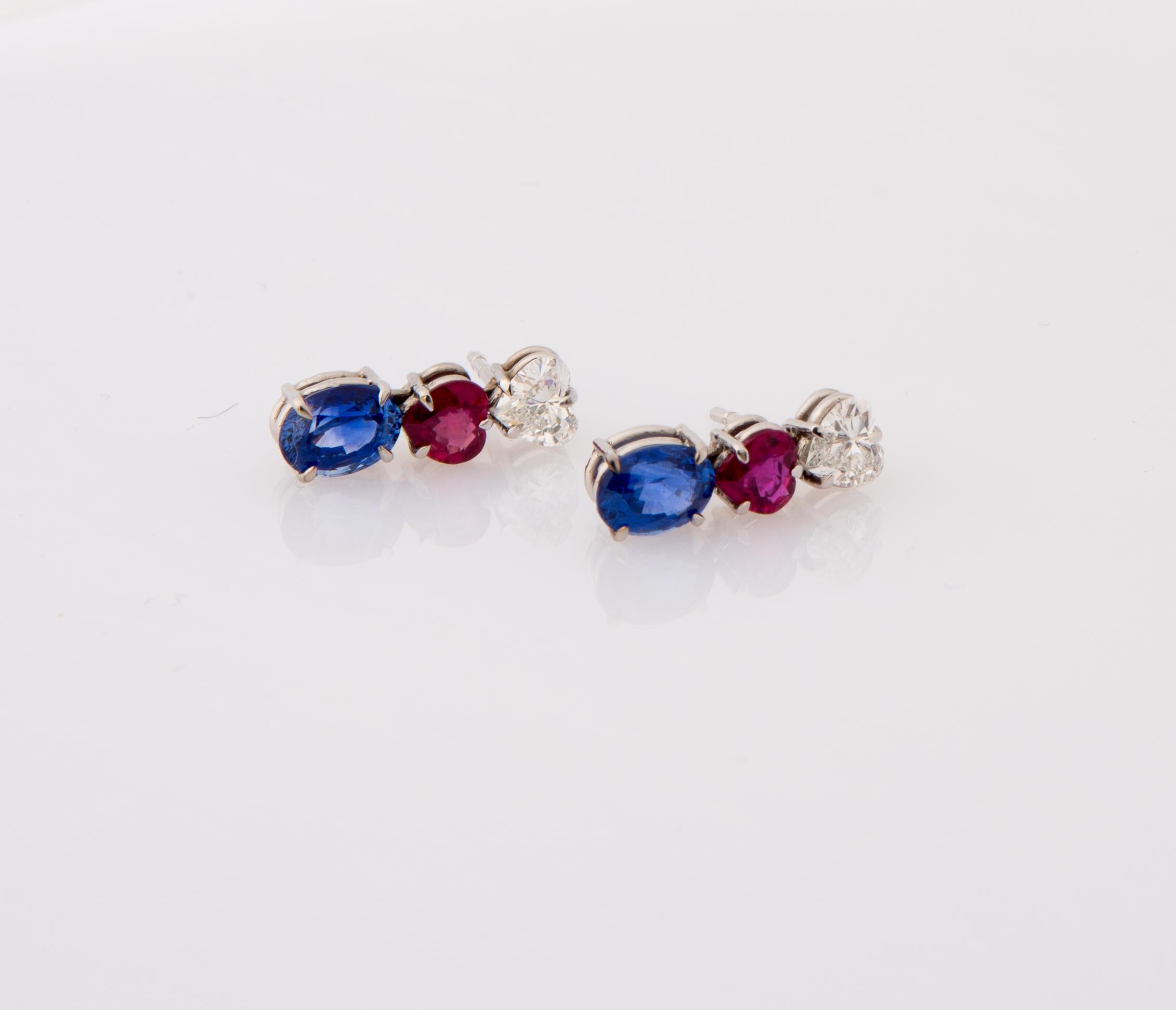 Round Cut Diamond, Ruby and Sapphire Heart Shaped Drop Earrings For Sale