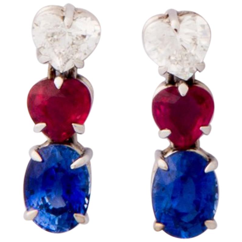 Diamond, Ruby and Sapphire Heart Shaped Drop Earrings For Sale