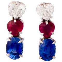 Diamond, Ruby and Sapphire Heart Shaped Drop Earrings