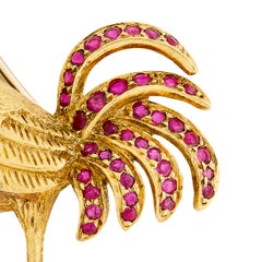 Diamond, Ruby and Sapphire Rooster Pin in 18 Karat Yellow Gold