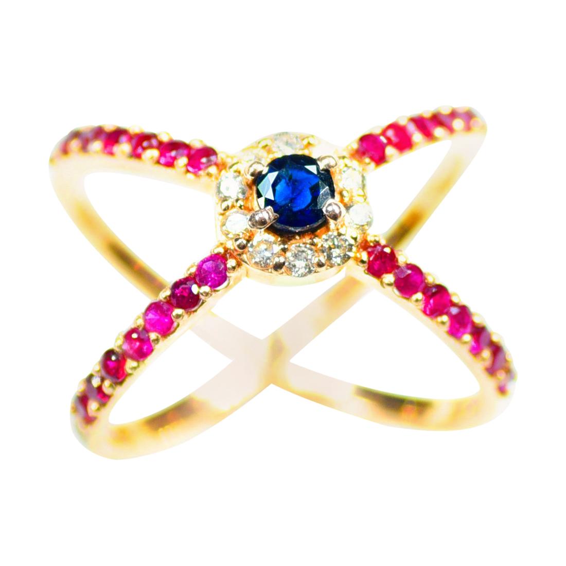Diamond, Ruby and Sapphire Statement Ring in 14 Karat Rose Gold For Sale