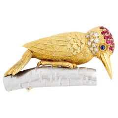 Diamond, Ruby and Sapphire Woodpecker Pin in 18 Karat Yellow Gold