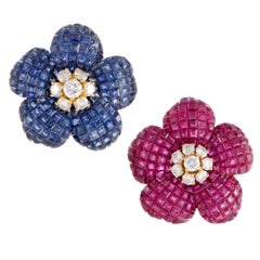 Diamond Ruby and Sapphire Yellow Gold Flower Clip-On Earrings