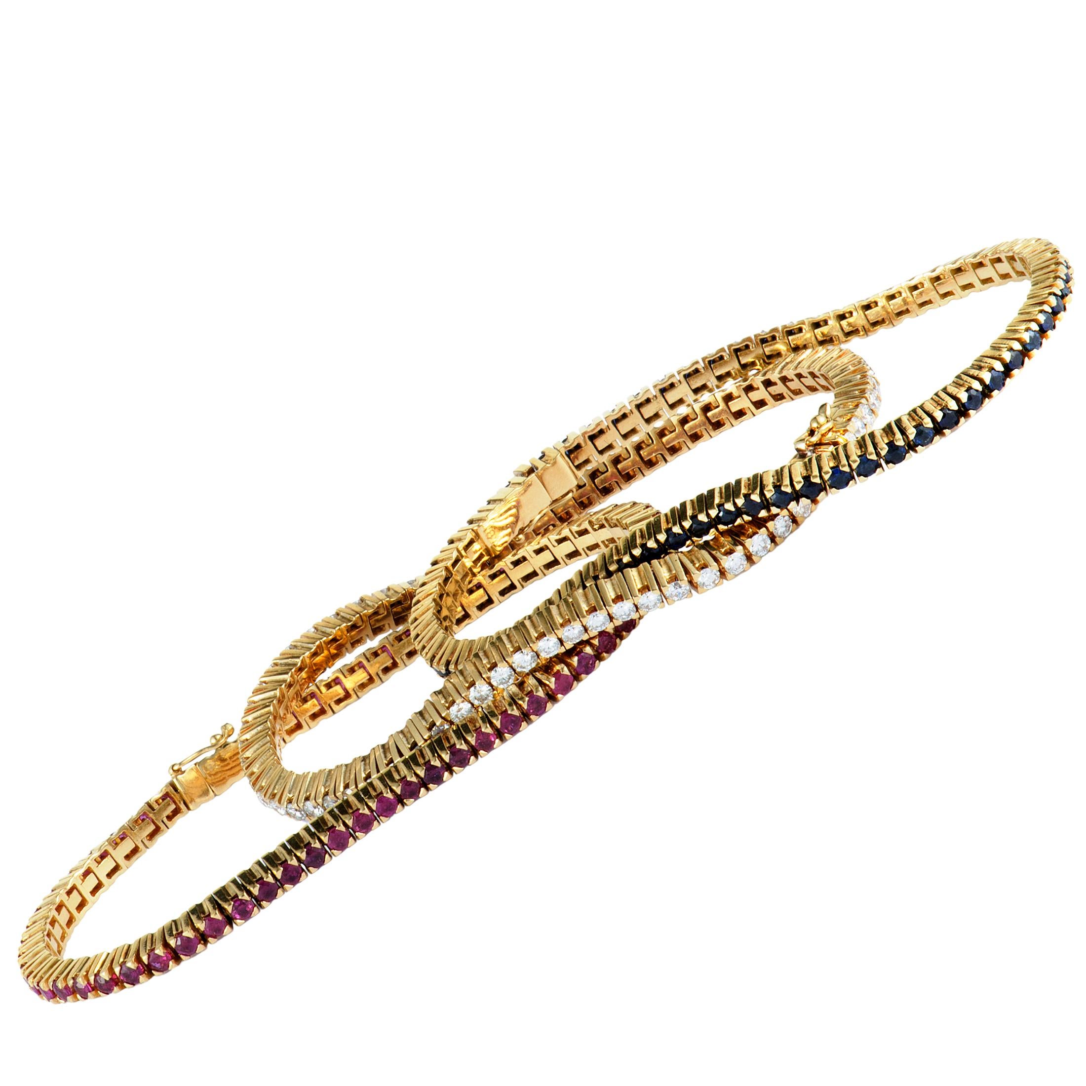 Diamond, Ruby, and Sapphire Yellow Gold Three Tennis Bracelets Set In Excellent Condition In Southampton, PA