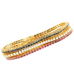 Diamond, Ruby, and Sapphire Yellow Gold Three Tennis Bracelets Set