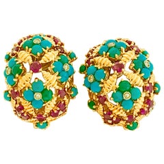 Diamond Ruby and Turquoise Clip Earrings in 18 Karat Yellow Gold 17 Grams